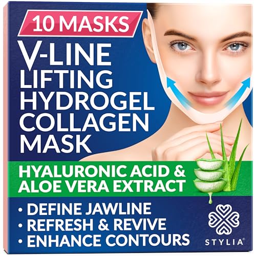 STYLIA V Line Lifting Collagen Face Mask - Double Chin Strap for Women - Jawline Shaper Face Lift Tape - Neck Lift Collagen Mask - Chin Strap for Sleeping - Hyaluronic Acid, Aloe Vera, Cica 10PC