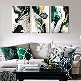 3Pcs Framed Emerald Green Wall Art, Modern Green and Gold Abstract Marble Canvas Wall Art Paintings Prints Posters Wall Decor Pictures for Living Room Bedroom Office Home Decoration, Ready to Hang