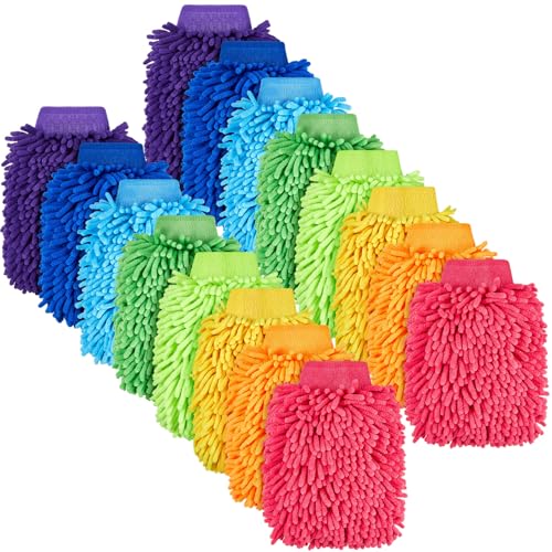 Toulite 16 Pcs Car Wash Mitt Chenille Microfiber Wash Mitt Double Sided Glove Cleaning Drying Mitts(5.91 x 9.06 Inch,Bright Colors)