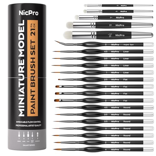 Nicpro Miniature Paint Brushes Drybrush - 21PCS Model Paint Brush Set for Acrylic Watercolor, Detail Paint Brush Dry Brush for 40k Model, Miniature Painting, Citadel, DND Miniatures - with Container