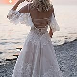 Sorayan Women's Wedding Dresses Chic Lace Evening Dresses V Neck Ruffle Sleeves Beachy Boho Outdoorsy Wedding Gowns(Nude Pink,M)