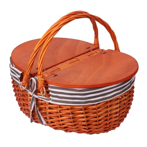 Geytetqi Wicker Picnic Basket with Liner and Wooden Split Lid - Vintage Wicker Picnic Basket with Folding Woven Handle, Picnic Hamper with Lid - Ideal Outdoor and Picnic Accessories