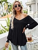 LOMON Black Cold Shoulder Tops for Women Puff Sleeved V Neck Pleated Tunic Tee Shirts, M