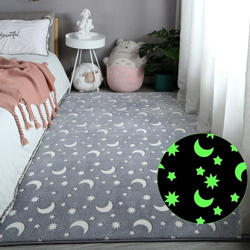 Eanpet Large Playroom Rug for Kids Glow in The Dark Star Area Rugs for Boys Girls Toddlers Bedroom Decorative 5x7 Grey Play Mat for Babies 1-3 Years