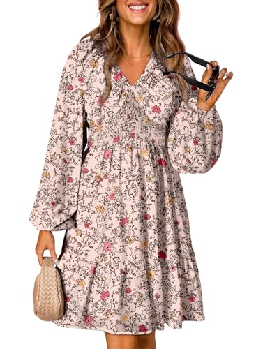 Dokotoo Summer Dresses for Women 2025 Casual Boho Floral Western Deep V Neck Long Sleeve Smocked Elastic Waist A-Line Swing Babydoll Mini Dress Flowy Bohemian Wedding Guest Sundresses Orange Large