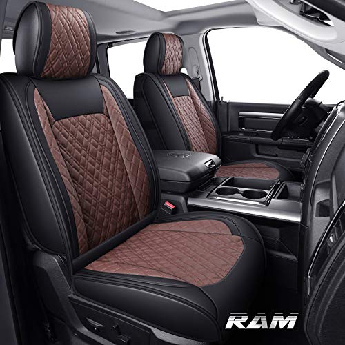 YIERTAI 5pcs Car Seat Covers Compatible with Dodge Ram Custom Fit 2009-2025 1500 2010-2025 2500 3500 Pickup Classic Longhorn Laramie Mega Cab Waterproof Leather, Full Set Black-Brown