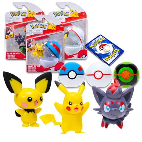 Pokemon Clip 'N' Go Poke Ball Figurine Set - Bundle with 3 Pokemon Figurines and Pokeballs Featuring Pikachu, Zorua, and Pichu Plus Pokemon Cards | Pokemon Battle Pack Figures