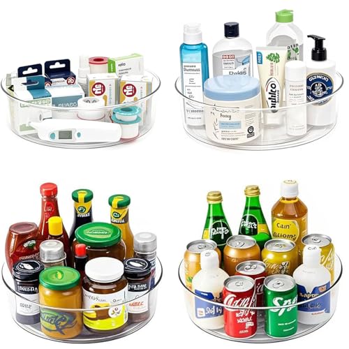 YCLADEC 4 Pack Lazy Susan 11.5" Inch Turntable Organizer Organization Storage Container Bins Spice Rack Cabinet Rotating Condiment for Pantry Countertop Kitchen Vanity Bathroom Jewelry Holder Clear