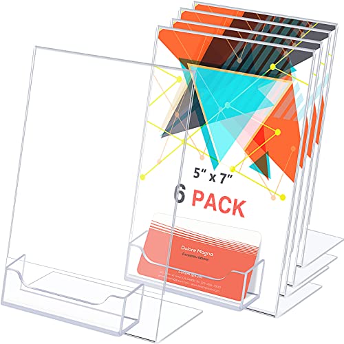 Crtiin 6 Pcs 5 x 7 Inch Acrylic Slanted Sign Holder with Business Card Holders Clear Display Stand Flyer Stand with Gift Card Holder for Office Table Advertisement Brochure