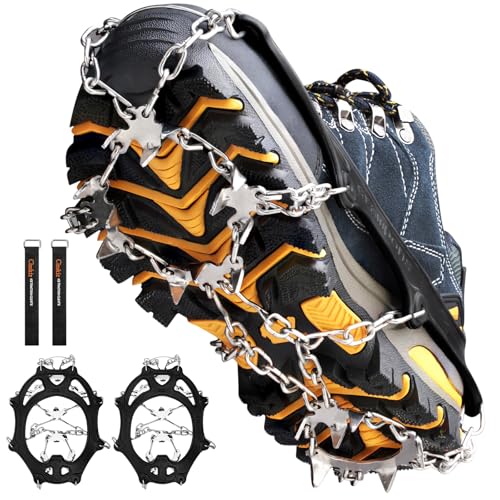 Crampons Ice Cleats Traction Snow Grips for Boots Shoes Women Men Anti Slip 19 Stainless Steel Spikes Safe Protect for Hiking Fishing Walking Climbing Mountaineering