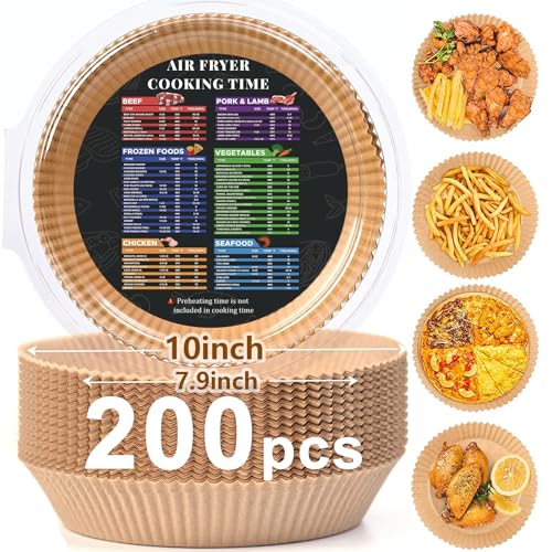 200PCS Air Fryer Liners Disposable: Round 7.9 Inch Non-Stick Airfryer Paper Liners - Food Grade Parchment Paper for 5 6 7 8 QT Air Fryer Baking and Roasting - Waterproof and OilProof (10 Inch on Top)