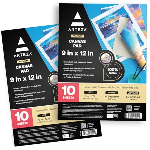 ARTEZA Canvas Pad 9x12 Inches Pack of 2, 20 Glue-Bound Sheets of Pre-Primed Canvas Paper for Acrylic, Oil and Mixed Media Painting