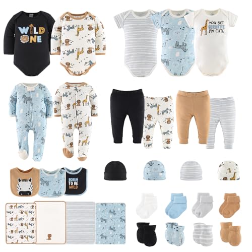 The Peanutshell Baby Layette Gift Set for Boys or Girls - 30 Piece New Born Unisex Gift Set, Baby Clothes & Newborn Essentials Must Haves - Newborn Clothes 0-3 Months - Safari