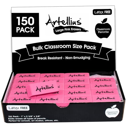 Artellius Pink Erasers Pack of 150 - Large Size, Latex & Smudge Free - Bulk School Supplies for Classrooms, Teachers, Homeschool, Office, Art Class - Teacher Supplies - Erasers