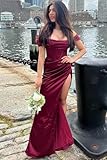 Mermaid Satin Long Bridesmaid Dresses for Women with Slit Off Shoulder Black Corset Formal Wedding Guest Party Gowns Size 14