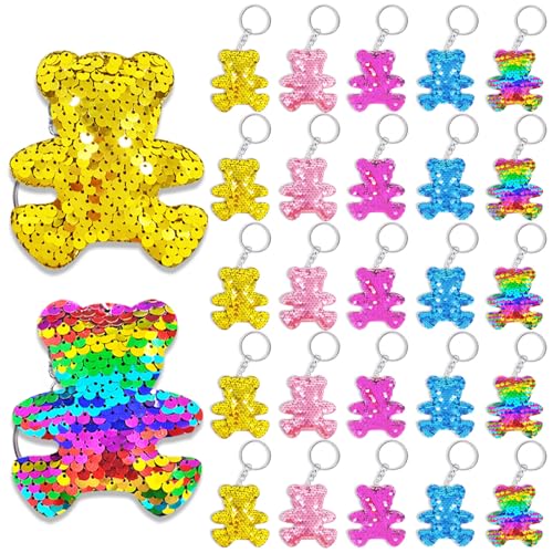 CiciBear 25 Pack Bear Sequin Keychains for Jungle Themed Party Favors, Bear Animal lover, Adults Birthday Gift, Party, 5 Colors
