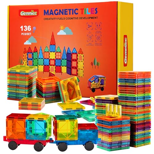 Gemmicc Magnetic Tiles, Deluxe 136 PCS Building Blocks Magnet Toys for Kids,3D Magnet Puzzles Stacking Blocks for Boys Girls,Huge Set with 2 Cars