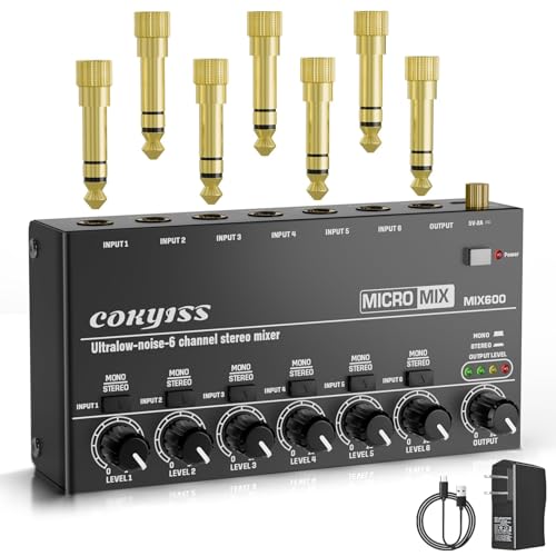 COKYISS® Mini Audio Mixer, 6-Channel Microphone Mixer, Stereo Line Mixer for Sub-Mixing, Built-in grounding, Mono/Stereo Switching, 1/4" Input/Output, for Guitar, Bass, Keyboards Mixer, Metal, Black