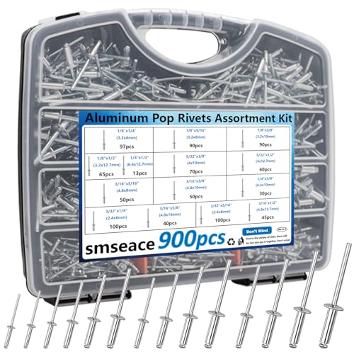 smseace 900Pcs Pop Rivets Assortment Kit Packed in Handheld Box 14-Sizes (3/32 inch1/8 inch5/32 inch3/16 inch1/4 inch) Assorted Blind Rivets for Metal,Furniture,Automotive,Instrument