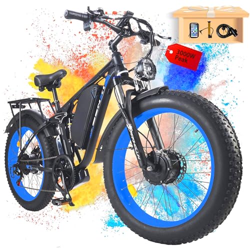 koonkex Fat-Tire Electric-Bike for Adults-Women-Men - Seeker24 Dual Motor Electric-Bicycle 52V 25AH Battery, 38MPH, Full Suspension Ebikes with 24 Inch for Off-Road Mountain Snow (Black-Blue)