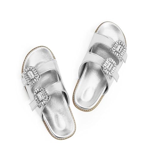 QIY Sandals for Women Slides Rhnestone Sparkly Flat Silver Platform Sandals Beach Cute Summer Comfortable Walking Girls Ladies Footbed Sandals Dressy Size 6