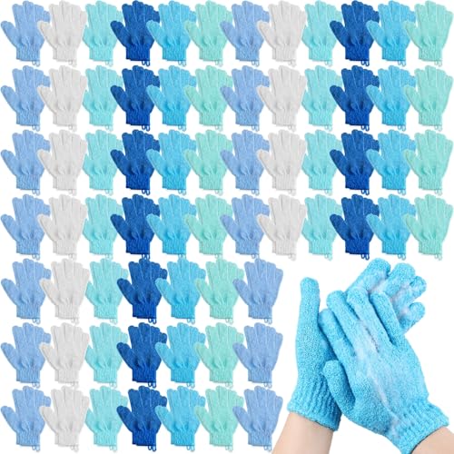 Cuffbow 90 Pcs Exfoliating Double Sided Bath Gloves with Hanging Loop Colorful Body Shower Gloves for Men Women Beauty Spa Massage Shower Clean Body Skin Bathing Scrubber Accessories (Blue Colors)