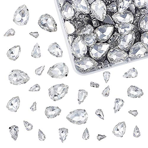 OLYCRAFT 100Pcs Sew On Rhinestones Teardrop Sew on Crystals Gems Clear Glass with Platinum Flatback Prong Setting Crafts Flatback Claw Rhinestones for Jewelry Costume Dress and Shoes