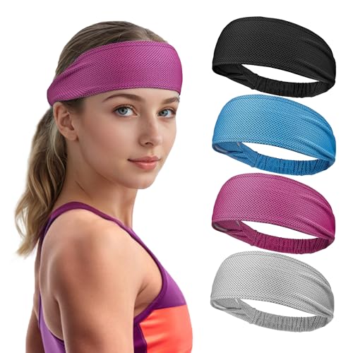 Sukeen Cooling Headbands for Women 4 Pack, Instant Cooling, Moisture Wicking Non-Slip Sweatbands for Women, Elastic Sweat Bands Headbands for Running Yoga Gym Sports Workout, Black/Blue/Rose Red/Gray