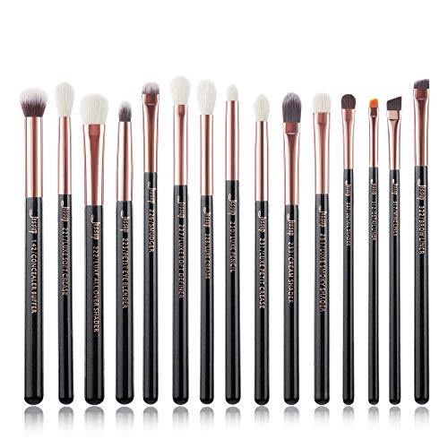 Jessup 15Pcs Professional Makeup Brushes Set Make up Brush Tools kit Eye Liner Shader Wood Handle Natural-synthetic Hair Brushes Pearl Black/Rose Gold T157