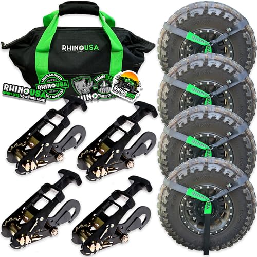 Rhino USA Car Tie Down Straps with Snap Hooks – 4 Pack 2" x8' – 10,000lbs Break Strength – Heavy Duty T-Handle Car Hauler Tire Lasso Wheel Straps for Trailers, UTV & Powersports – Black
