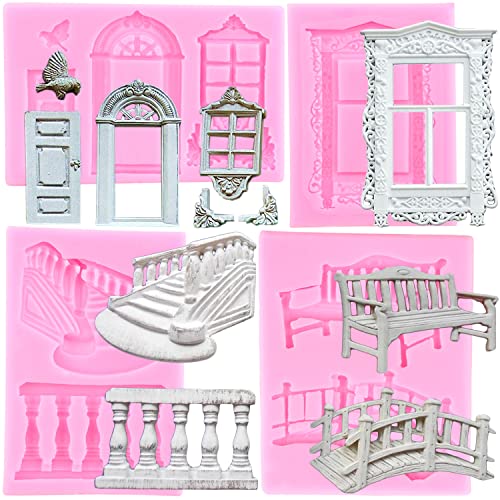 Mujiang Window Door Silicone Molds Bridge Bench Fondant Mold Staircase Railing Mold Window Frame Molds For Cake Decorating Chocolate Candy Clay Gum Paste Set Of 4