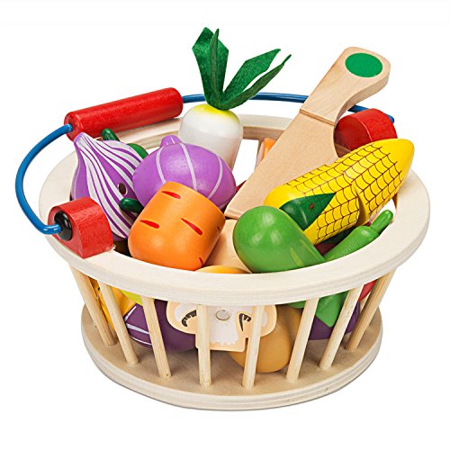 Victostar Magnetic Wooden Cutting Fruits Vegetables Food Play Toy Set with Basket for Kids