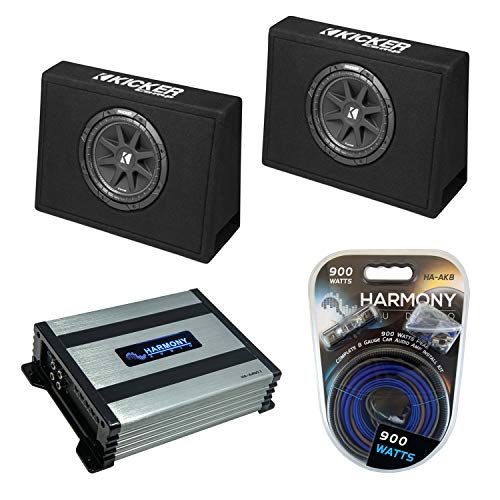 Harmony Audio Kicker Bundle Compatible with Universal Truck (2) 43CT104 Car Audio Single 10" Loaded Sub Box Enclosure with Harmony HA-A400.1 Amplifier and Amp Wiring Kit