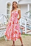 GRACE KARIN Women's 2025 Summer Floral Boho Dress Square Neck Strapped Swing A Line Sundress Beach Long Maxi OutfitsRed Pink M