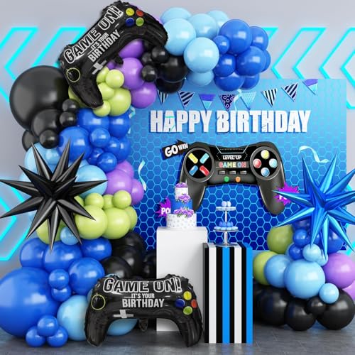 Video Game Balloon Arch Garland Kit, Blue Purple Green Black Party Balloons with 2Pcs Game Handle Foil Balloons for Video Game Theme Birthday Party Boys Game Night Decor