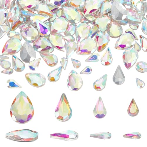 FINGERINSPIRE 220 Pcs 4 Sizes Pointed Back Rhinestone Glass Rhinestones Gems Clear AB Color Multi Faceted Teardrop Rhinestones Silver Plated Back Rhinestone Mini Teardrop Glass Rhinestones for DIY