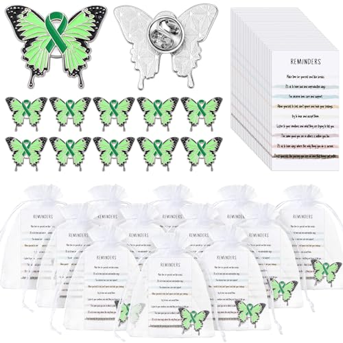 Harloon 25 Sets Mental Health Awareness Lapel Pins Green Butterfly Brooch Prevention Mental Health Month Gifts with Reminders Cards Organza Bags for Campaigns Fundraiser Charity Activity Supplies