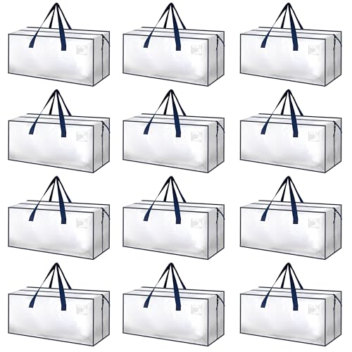 HealSmart 12 Pack Extra Large Moving Bags with Zippers & Carrying Handles, Heavy-Duty Storage Tote Moving Boxes for Dorm Room Essentials Storage Bags, Clear