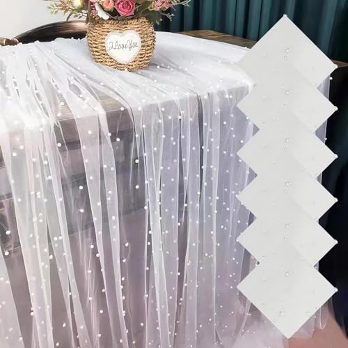 Sophproton 6 Pieces Pearl Tulle Tablecloth White Table Cloth Pearl Sheer Tulle Table Cover Wedding Veil for Wedding Arch Dessert Table Decorations