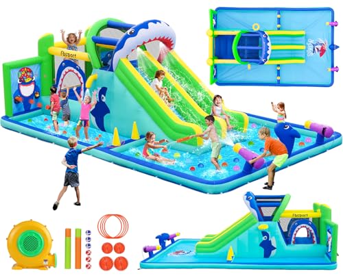 FBSPORT Inflatable Bounce House Water Slide Park, Double Slide Bouncer Castle with 550W Air Blower, Climbing Wall, Jumping Area, Toss Rings, Basketball, Splash, Bouncy House for Backyard Outdoor