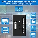 USB VGA KVM Switch for 2 PC Sharing 1 Video Monitor and 3 USB Devices, Keyboard Mouse Scanner Printer, for Laptop PC Windows Mac OS System