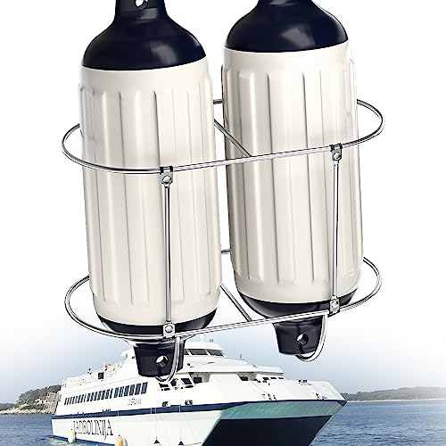 Durable Boat Fender Holder Stainless Steel Fender Rack Gloss Finish Easy Use Holder with Stanchion Clamps Fit for 9.2'' Diameter Boat Fender – Ships – Kayaks(Hold 2 Fenders,Standard 7/8" and 1" rail)