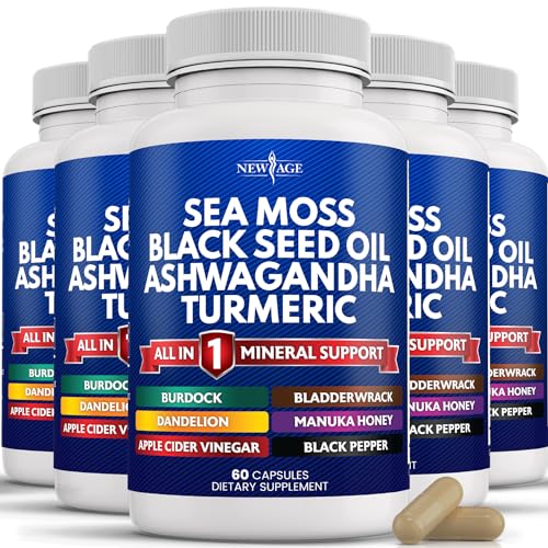 NEW AGE Sea Moss Black Seed Oil Ashwagandha Turmeric Bladderwrack Burdock - with Manuka, Honey Dandelion, ACV Black Pepper Gluten Free