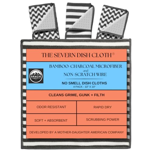 Severn Dish Cloths for Washing Dishes 4pk - No-Smell Dish Rags with Non-Scratch Wire Scrubber Side for Kitchen Cleaning. Grime-Fighting Bamboo-Charcoal Microfiber 2-Sided Dishrags. Machine Wash + Dry