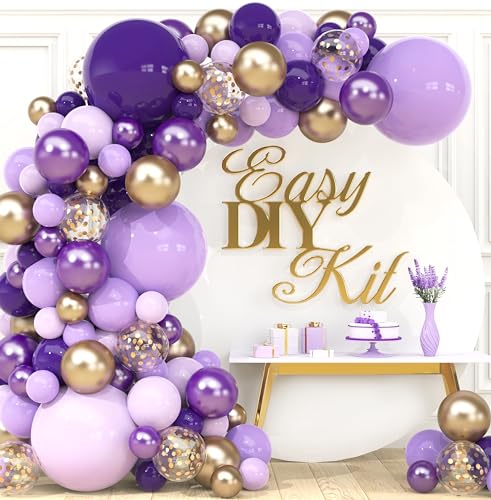 ALL-IN-1 Purple and Gold Balloon Arch & Garland Kit – Small and Large Purple Gold Balloons with Gold Confetti – Lavender, Dark Purple, Pastel Purple Lilac Party Decorations for Birthday and Graduation