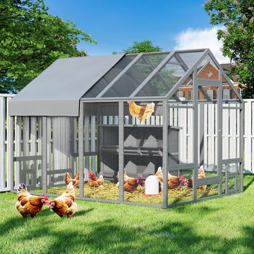 TRYKERPET Large Wood Chicken Coop with Nesting Box, Wooden Chicken Coop with Run, Outdoor Walk-in Poultry Cage with Weatherproof Cover, Chicken House for Outside Farm Backyard (8' L x 5.9' W x 5.9' H)