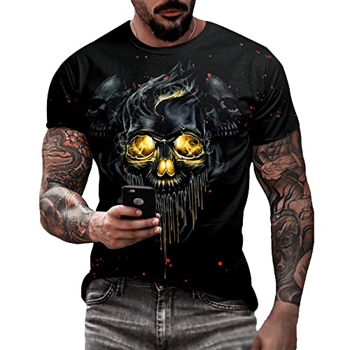 Eciodci Men's Halloween T-Shirts Horror Black and Gold Skull 3D Print T-Shirt Round Neck Haunted Scene Short Sleeve Shirts