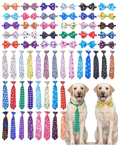 PET SHOW 60 Pack Big Dog Collar Bow Ties and Neck Ties Bulk Paw Bone Adjustable Bowties for Large Medium Dogs Cute Birthday Bowknots Wedding Party Holiday Ties Pet Grooming Accessories