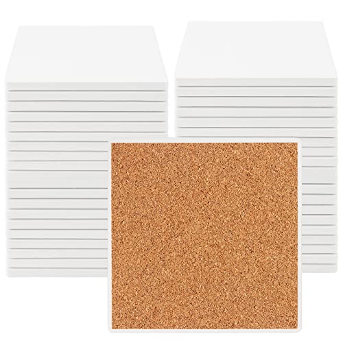 ZEONHEI 40 Packs 4 x 4 Inch Ceramic Coasters for Crafts, White Ceramic Tile Coasters with Cork Backing Pads, Square Unglazed Blank Ceramic Coasters Bulk for DIY Arts and Craft Project