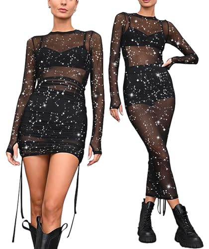 Womens Mesh Dress Ruched Glitter Long Sleeve Bodycon Sexy See Through Clubwear Rave Outfits Black M